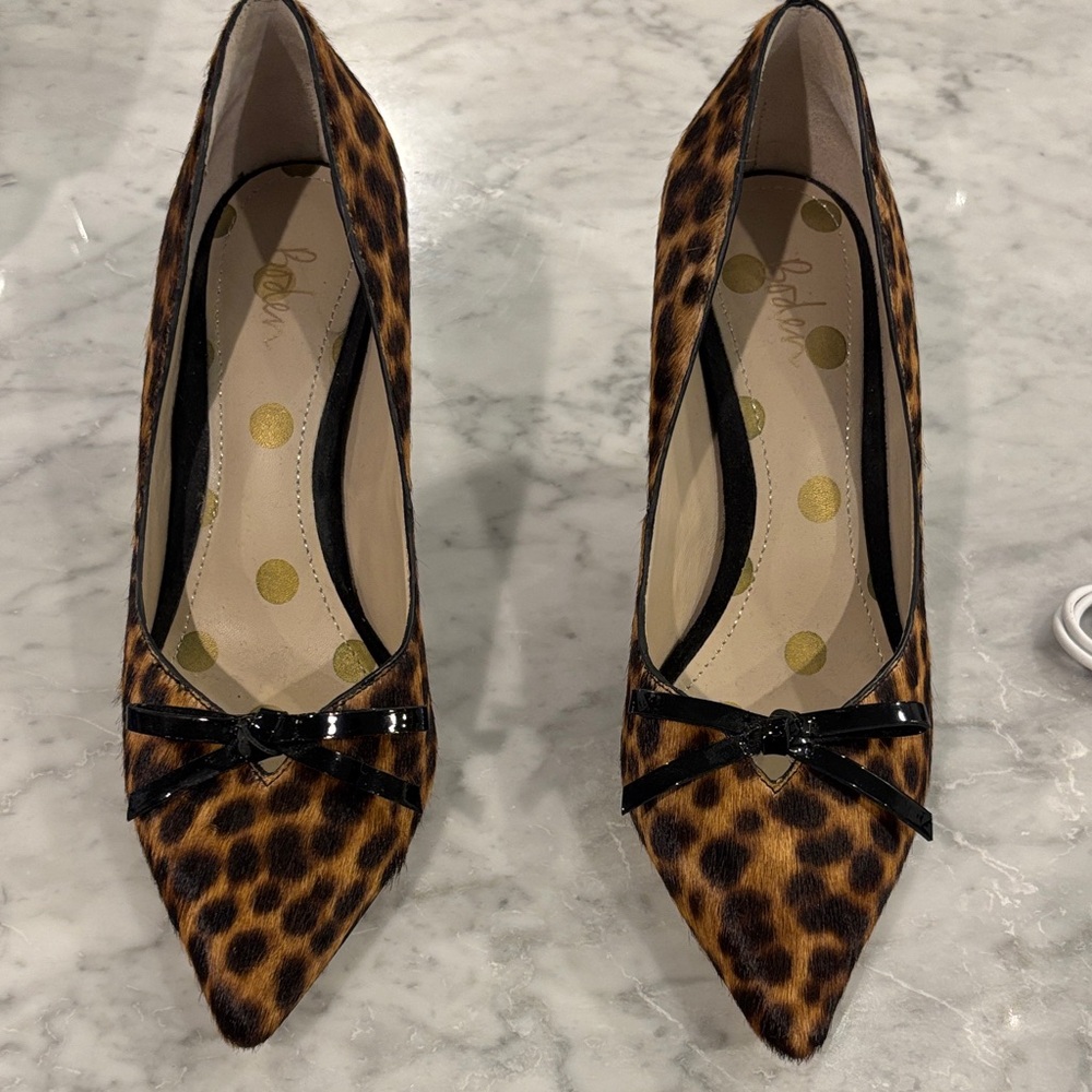 Boden Leopard Print Heels with Black Bow
